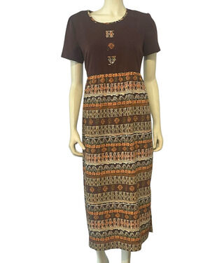 Halmode Petites Sz 8P Maxi Dress Patchwork Tribal Print Skirt Brown Bodice Boho
